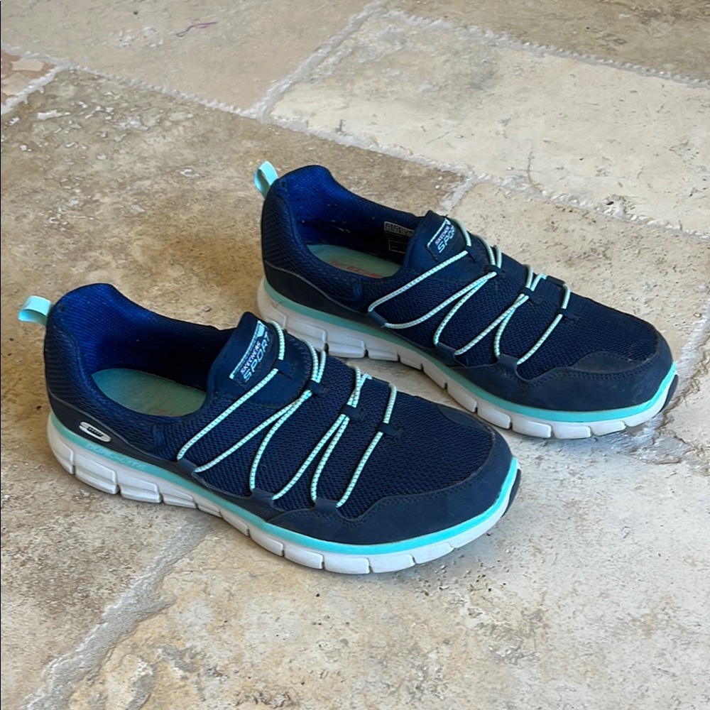 Skechers Navy and Aqua Slip On Memory Foam Shoes